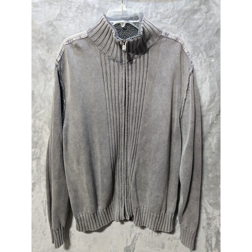 Solaris Sweater Cardigan Full Zip Mens XL Gray Faux Fur Collar  100% Cotton
